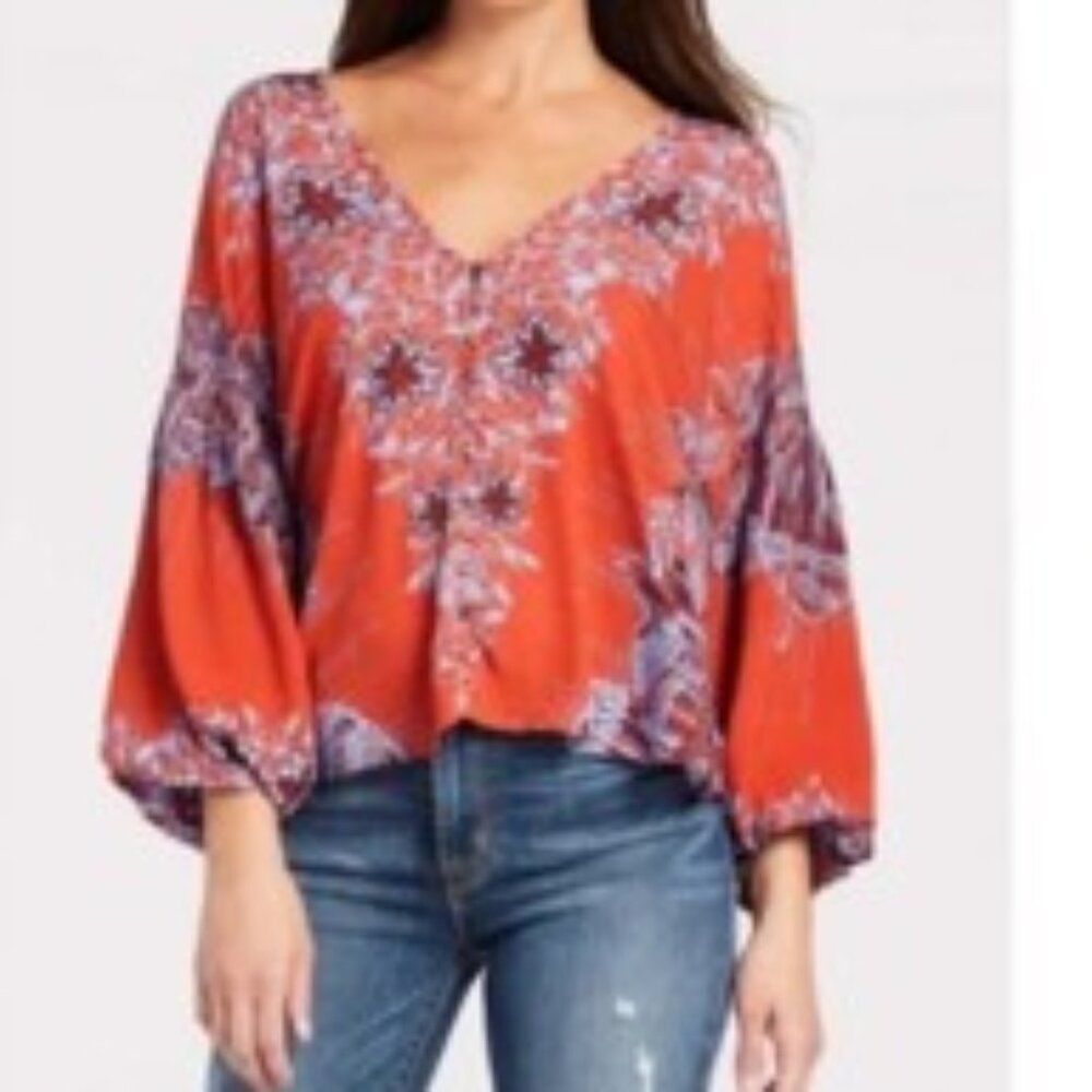 Free People Birds of a Feather Printed Peasant Top Blouse Shirt Boho Small EUC - Picture 6 of 7